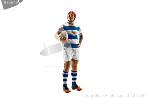 Image of The silhouette of one caucasian rugby man player isolated on white background