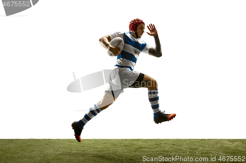 Image of The silhouette of one caucasian rugby man player isolated on white background