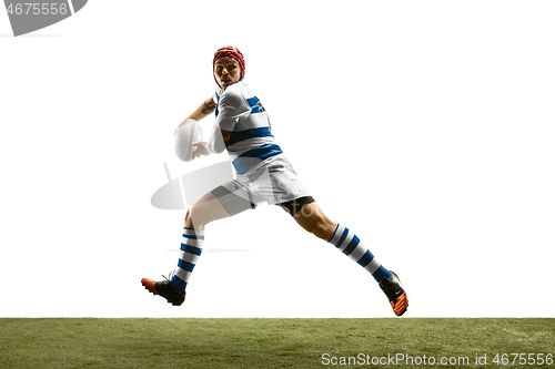 Image of The silhouette of one caucasian rugby man player isolated on white background