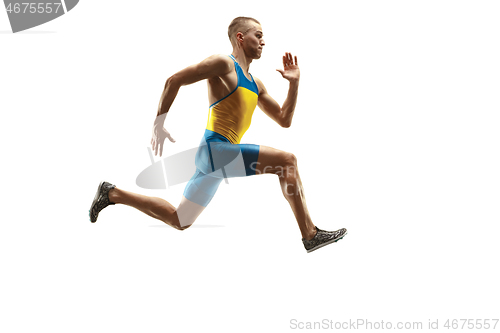 Image of Young caucasian man running or jogging isolated on white studio background.
