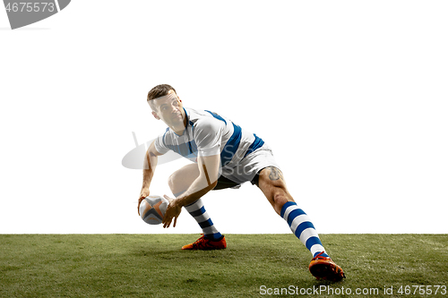 Image of The silhouette of one caucasian rugby man player isolated on white background