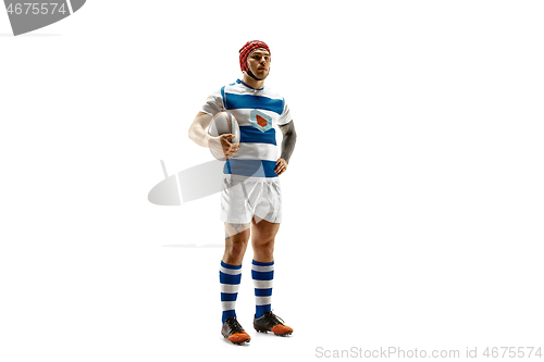 Image of The silhouette of one caucasian rugby man player isolated on white background