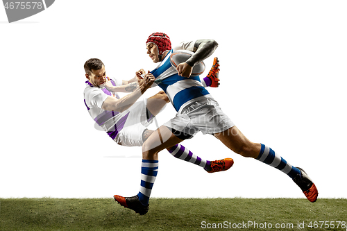 Image of The silhouette of two caucasian rugby male players isolated on white background