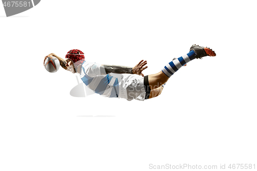 Image of The silhouette of one caucasian rugby male player isolated on white background