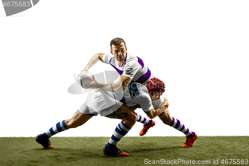 Image of The silhouette of two caucasian rugby male players isolated on white background