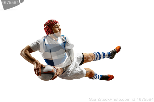 Image of The silhouette of one caucasian rugby male player isolated on white background