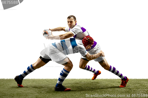 Image of The silhouette of two caucasian rugby male players isolated on white background