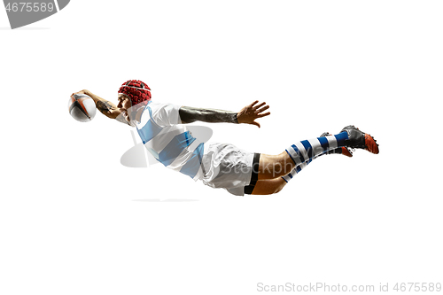 Image of The silhouette of one caucasian rugby male player isolated on white background