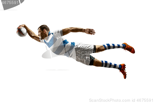 Image of The silhouette of one caucasian rugby male player isolated on white background