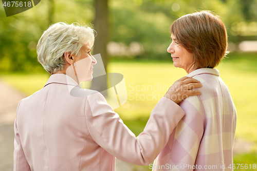 Image of senior women or friends talking at summer park