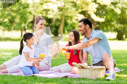 Image of family drinking juice on picnic at summer park