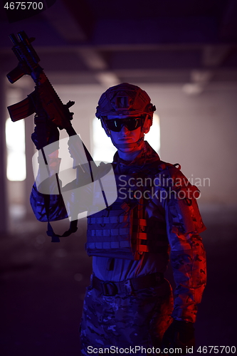 Image of modern warfare soldier in urban environment