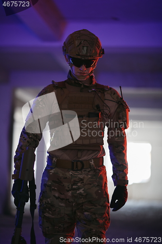 Image of modern warfare soldier in urban environment