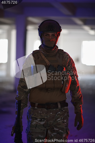 Image of modern warfare soldier in urban environment