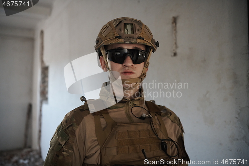 Image of modern warfare soldier portrait in urban environment