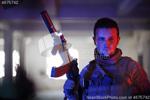 Image of modern warfare soldier in urban environment