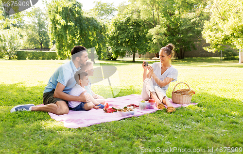 Image of mother taking picture of family on picnic at park