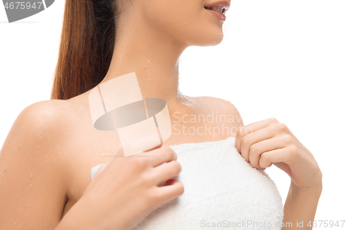 Image of Beautiful female neck and chest isolated on white background. Beauty, cosmetics, spa, depilation, treatment and fitness concept, sensual posing