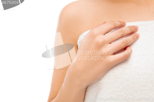 Image of Beautiful female neck and chest isolated on white background. Beauty, cosmetics, spa, depilation, treatment and fitness concept, sensual posing