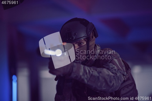 Image of modern warfare soldier in urban environment battlefield