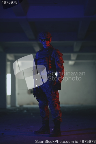 Image of modern warfare soldier in urban environment