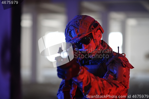 Image of modern warfare soldier in urban environment battlefield