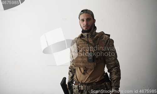 Image of modern warfare soldier portrait in urban environment