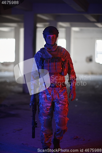 Image of modern warfare soldier in urban environment