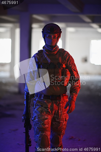 Image of modern warfare soldier in urban environment