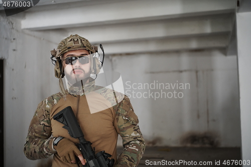 Image of modern warfare soldier portrait in urban environment