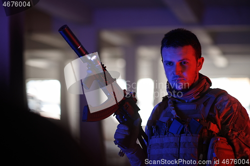 Image of modern warfare soldier in urban environment