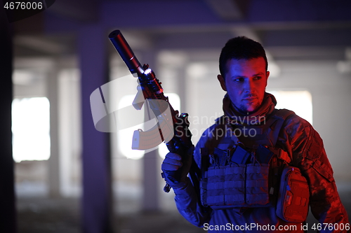 Image of modern warfare soldier in urban environment