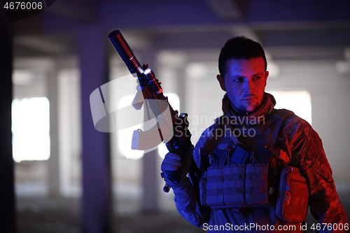 Image of modern warfare soldier in urban environment