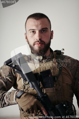 Image of modern warfare soldier portrait in urban environment