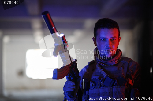 Image of modern warfare soldier in urban environment