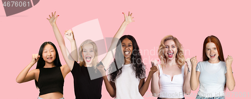 Image of Portrait of young people on pink coral studio background, collage