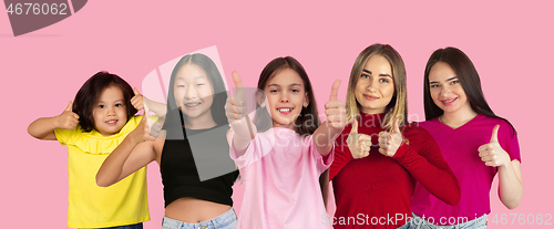 Image of Portrait of young people on pink coral studio background, collage