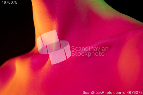 Image of Close up portrait of female fashion model in neon light on dark studio background.