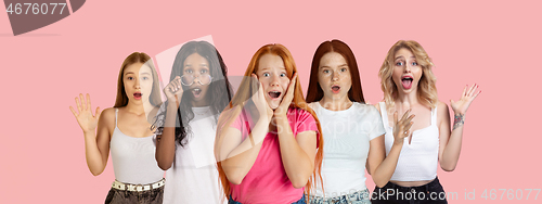 Image of Portrait of young people on pink coral studio background, collage