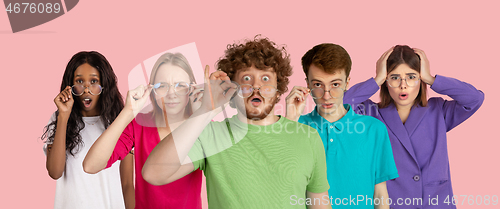 Image of Portrait of young people on pink coral studio background, collage