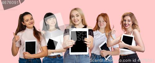 Image of Portrait of young people on pink coral studio background, collage