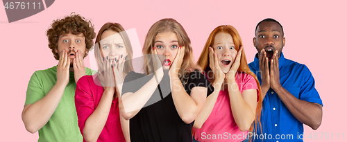 Image of Portrait of young people on pink coral studio background, collage