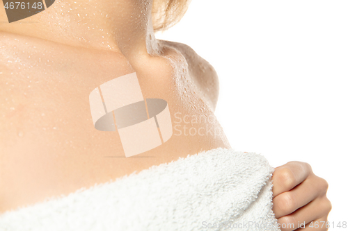 Image of Beautiful female collarbones isolated on white background. Beauty, cosmetics, spa, depilation, diet, treatment and fitness concept