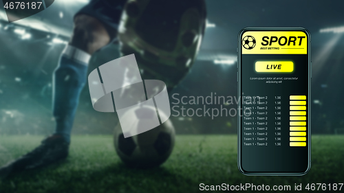 Image of Smartphone screen with mobile app for betting and score, sportsman on background