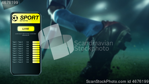 Image of Smartphone screen with mobile app for betting and score, sportsman on background