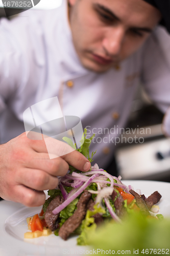 Image of cook chef decorating garnishing prepared meal