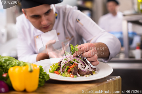 Image of cook chef decorating garnishing prepared meal