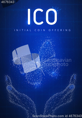 Image of ICO initial coin offering hud banner with hands and butterfly