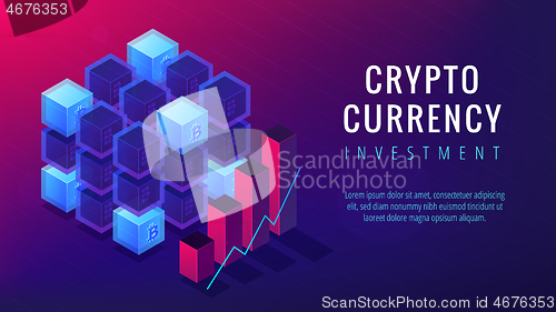 Image of Isometric cryptocurrency investment landing page concept.