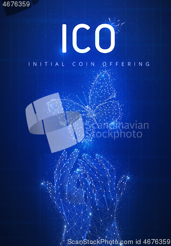 Image of ICO initial coin offering hud banner with hands and butterfly